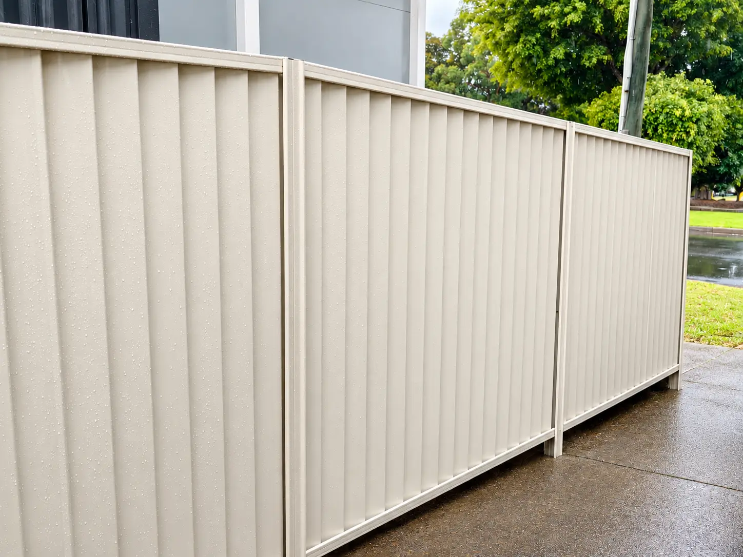 Cream Colorbond boundary fence with precisely aligned posts and panels